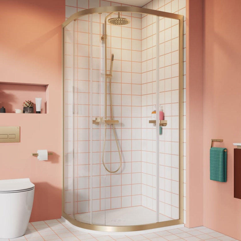 Cutout image of Crosswater Clear 6 Brushed Brass Offset Quadrant Shower Enclosure